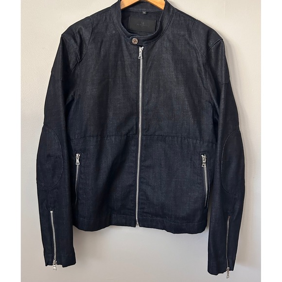 7 For All Mankind Moto Jacket Mens Large Blue Indigo Dark Wash Denim Cafe Racer